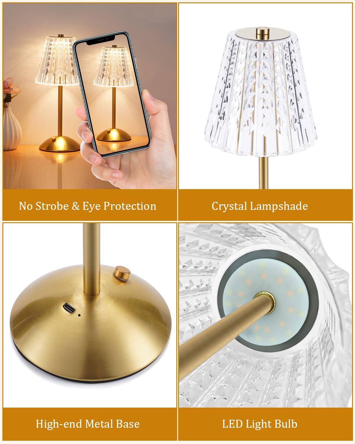 Nusogon Rechargeable Cordless Table Lamp, Touch Control Crystal Desk Lamp with 3500mAh Battery, 3 Color Dimmable LED Small Lamp for Bedroom Bedside Restaurant Kitchen Home Decor