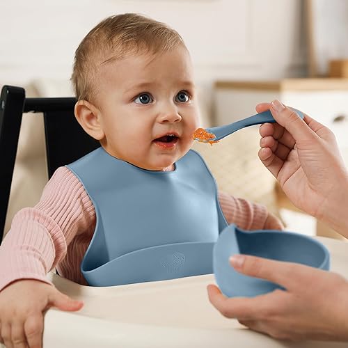 Miniatura 7 de Mummentos Juego de alimentación de silicona para bebés, 8 piezas de utensilios de primera calidad, suministros de alimentación para bebés,