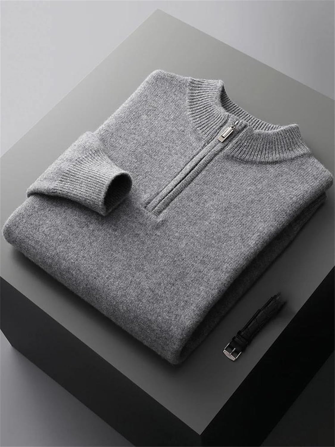 Kelsiop Men's Winter Merino Wool Pullover Stand Collar Knitted Sweater Long Sleeve Thickened Cashmere Bottom Jacket