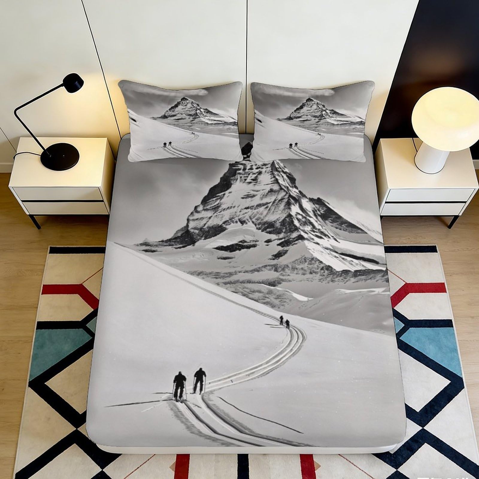 3D Printed Mountain Landscape Fitted Sheet Microfiber Soft Breathable Ski Trail Bed Cover for Bedroom Guest Room Mattress Protection Decor 180x200x25cm
