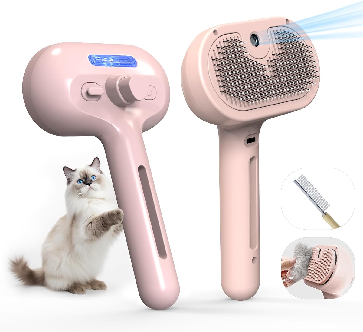 Cepillo de aseo para mascotas con spray electrónico – Herramienta suave para quitar pelo para gatos y perros, cepillo de vapor para mascotas, reduce la caída, cerdas suaves, promueve un pelaje saludable, viene con un peine alisador de pelo, color rojo
