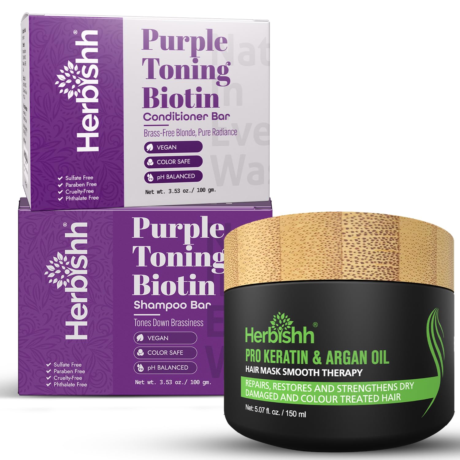 Herbishh Purple Toning & Deep Conditioning Set – Purple Shampoo & Conditioner Bars + Argan Hair Mask 150ml – Brighten, Repair & Hydrate Blonde & Gray Hair – Biotin & Keratin Infused, Sulfate-Free