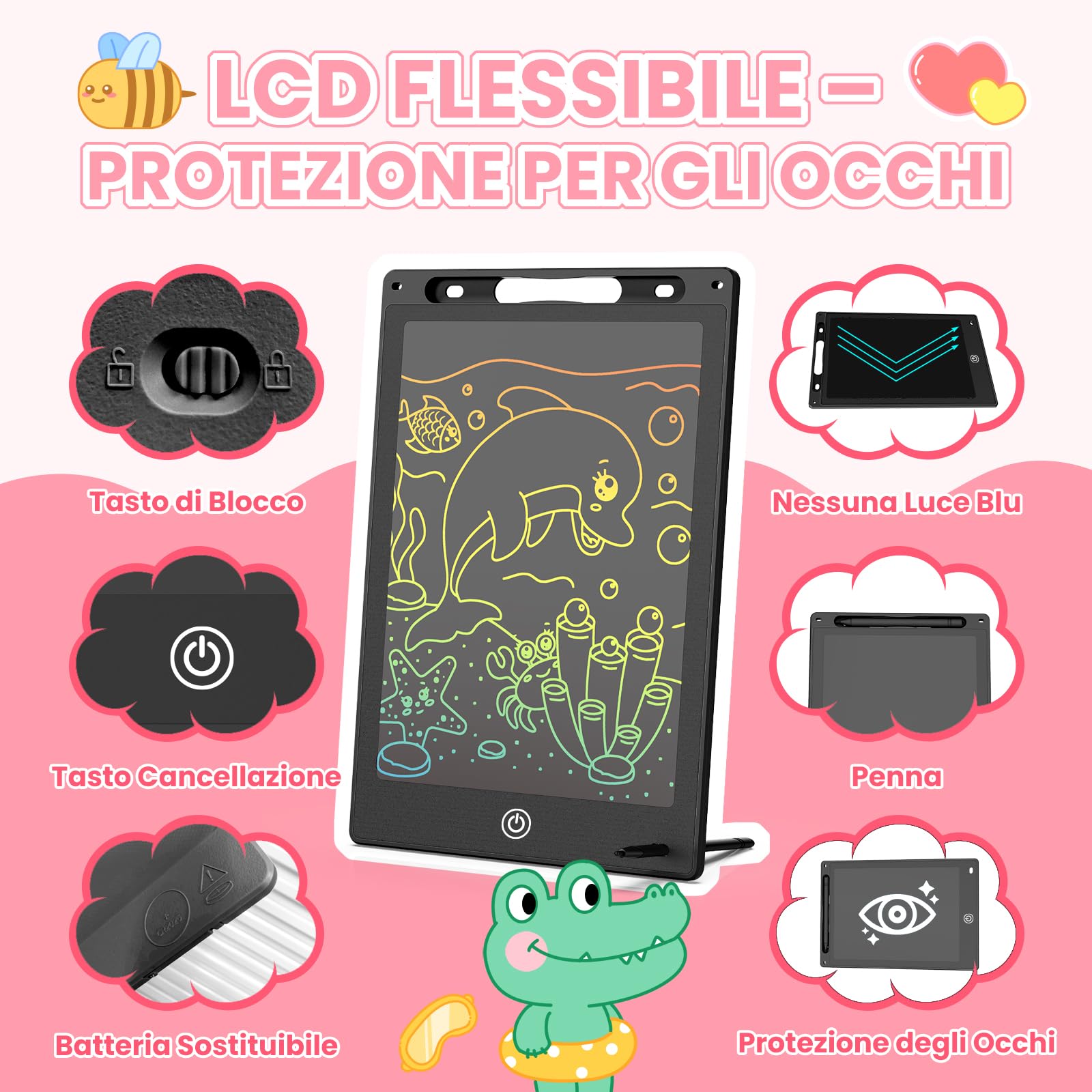 Tavoletta Grafica LCD Scrittura Colorata, Lavagna Digitale Cancellabile con Pulsante Elimina e Blocco Schermo, Giocattolo Educativo e Regalo di Compleanno e Natale (Nero, 10 inch) - 4