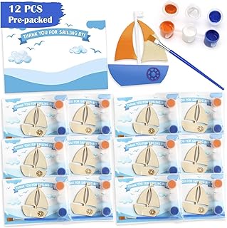 12-Pack Pre-Packaged Nautical Party Favors for Kids, Wooden Sailboat Cutouts with Magnets & Painting Kits, Ahoy Nautical Baby Shower Decorations for Boy & Thank You Gifts for Guests