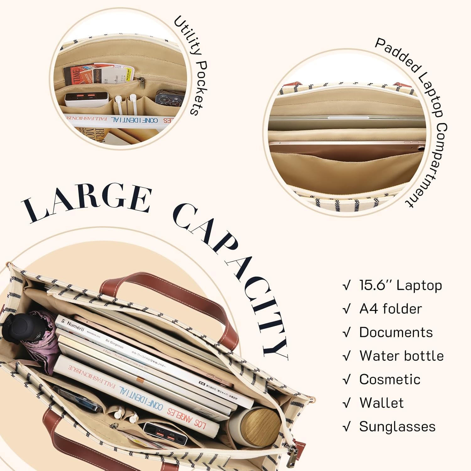 Missnine Laptop Tote Bag Canvas Laptop Bag 15.6 inch Work Shoulder Bags Casual Briefcase Handbag for Travel, Office, College (Stripe) - Image 3