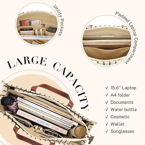 Miniatura 10 de Missnine Bolsa de lona para laptop de 15.6 pulgadas, bolsa de hombro de trabajo, maletín casual para viajes, oficina, universidad (negro + marrón),