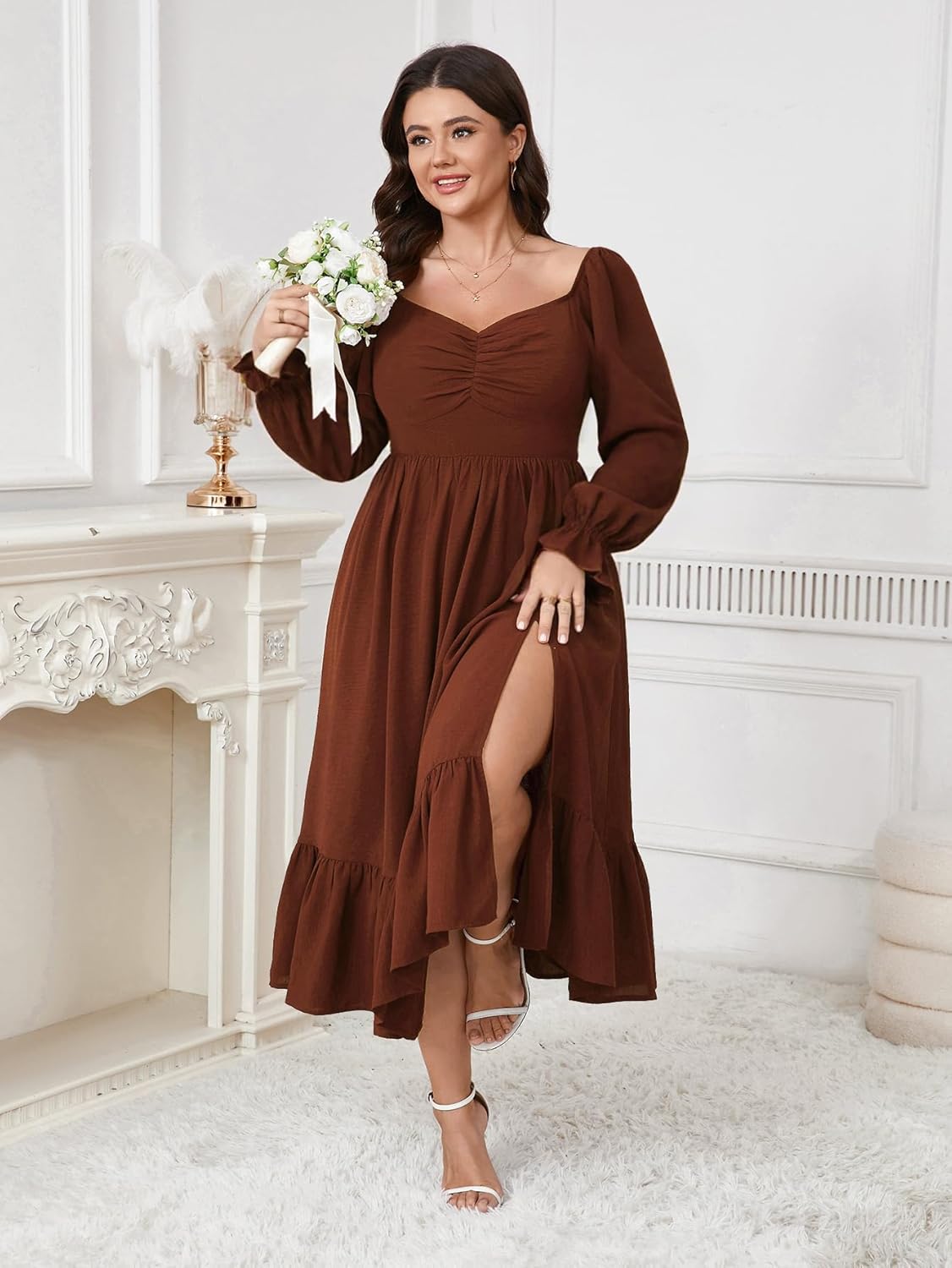 SCOMCHIC Womens Plus Size Wedding Guest Cocktail Dress Sweetheart Neckline Long Sleeve Smocked Ruffle Slit Maxi Dresses - Image 3