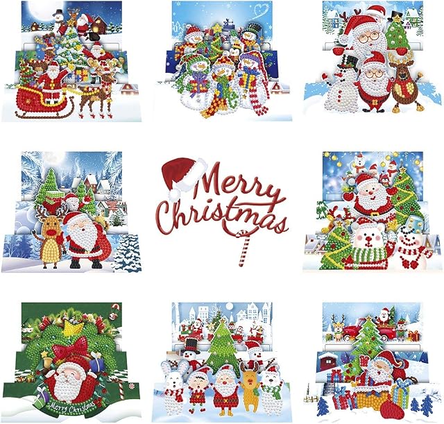 8pcs Christmas Greeting Cards DIY, 5D Diamond Painting Part Drill Special Shaped Birthday Xmas Handmade Cards with Envelope Embroidery Kits (A)
