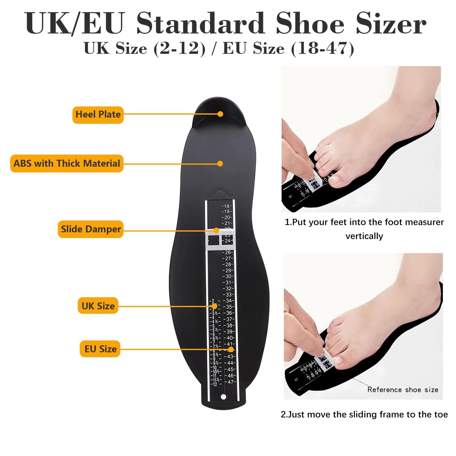 Comioke Pedimetre Enfants et Adultes, Mesureur de Pieds, Pointure Chaussure Mesurer Pied Dispositif de Mesure Pédimètres pour Déterminer la Pointure 18 à 47 et Ruban à Mesurer 1.5m
