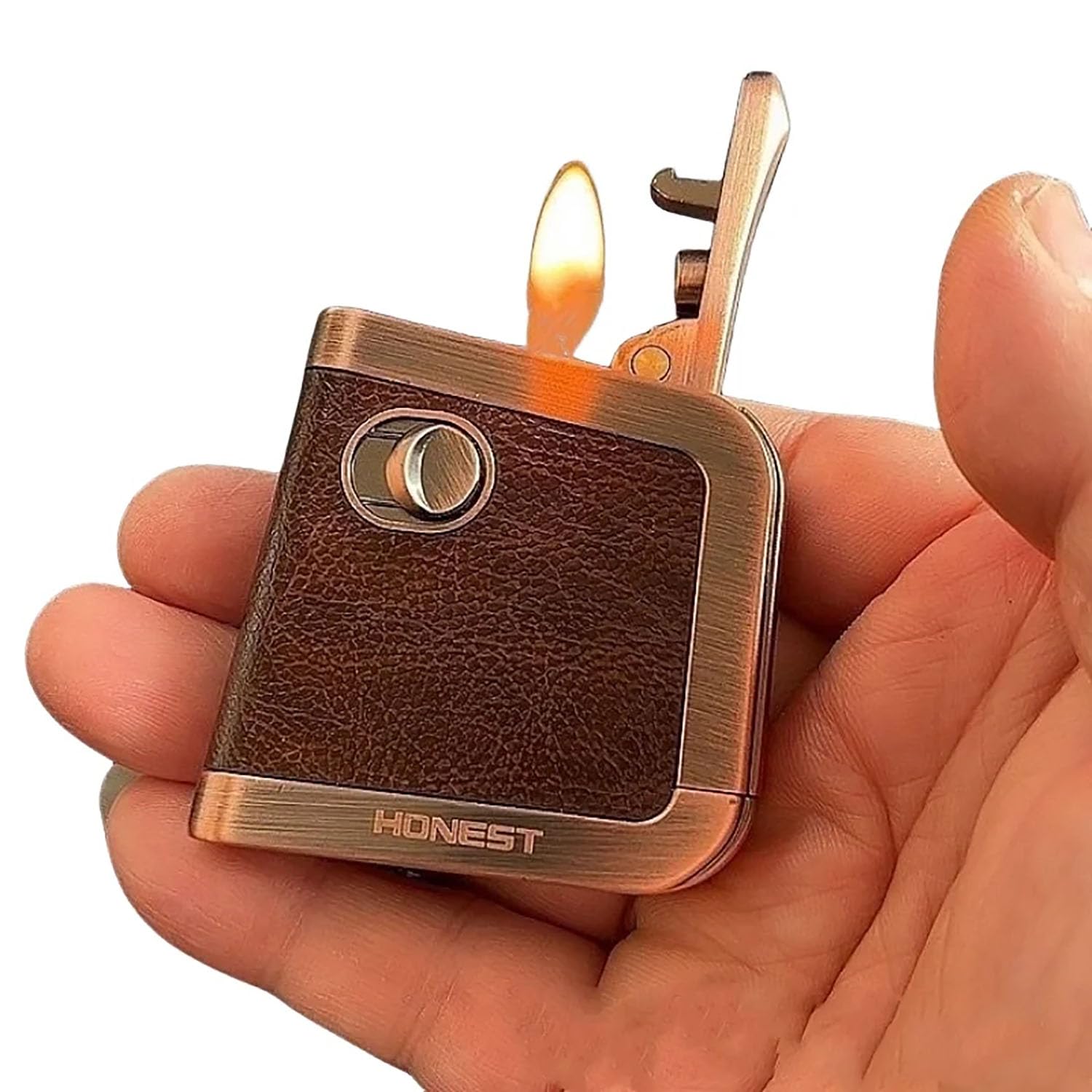 Briquet à Kérosène Vintage Coupe-Vent Plus Léger en Cuir Durable Flamme Douce Allume-Cigare de Poche Réutilisable pour Collection Décorative