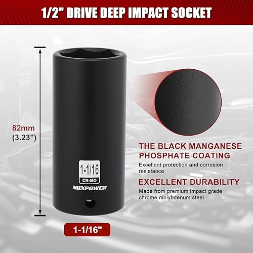 Miniatura 133 de MIXPOWER Enchufe de impacto profundo de 1/2", CR-MO, 1.417 in, métrico, 6 puntos, tuerca de eje de grado de impacto para una fácil extracción