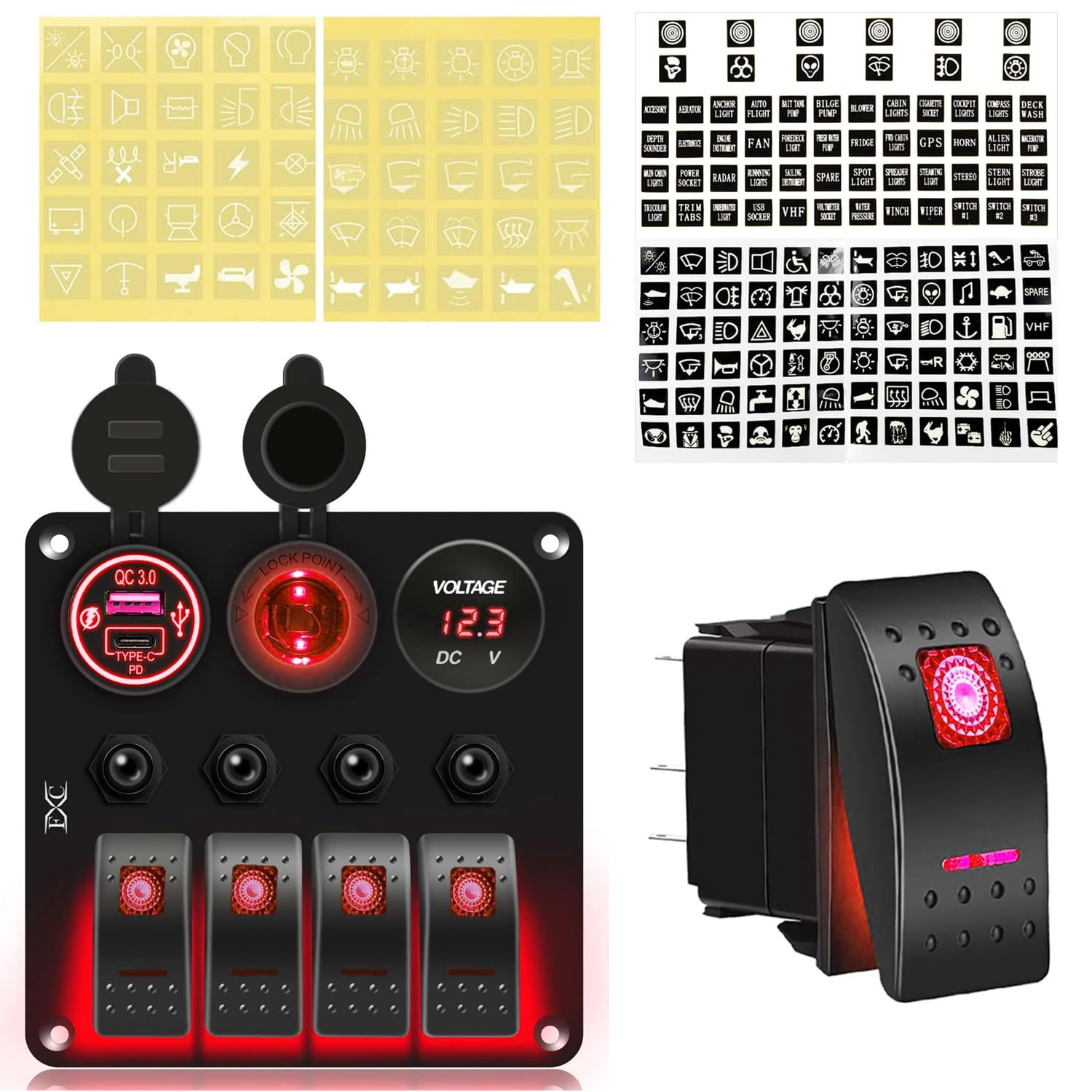 FXC Red 4 Gang with Overload Protection + Momentary Rocker Switch