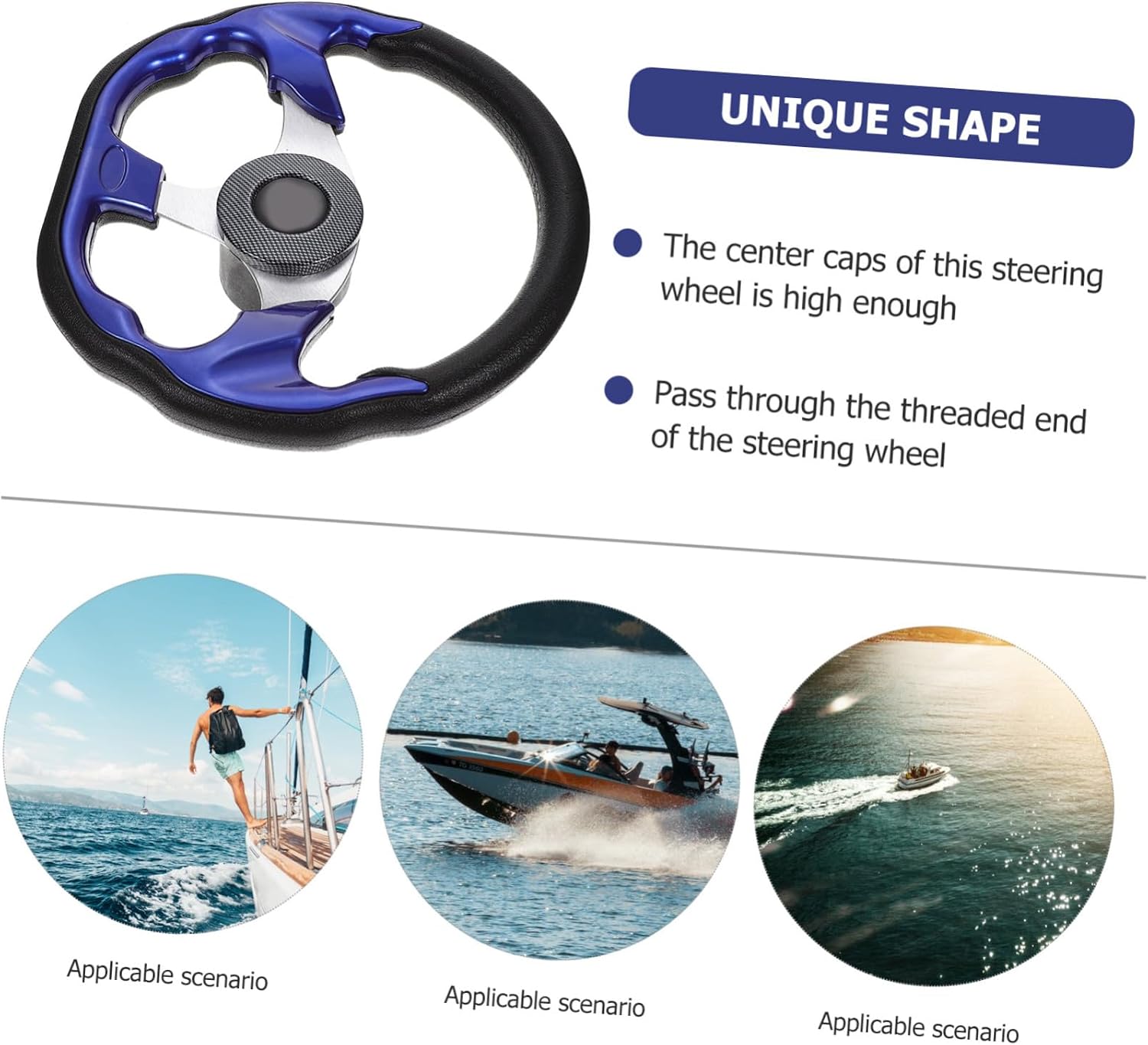 Aluminum Pontoon Boat Steering Wheel with Soft Foam Grip Yacht Replacement for Harsh Conditions Blue Battle Style with Black PU Cover and Tall Center Cap