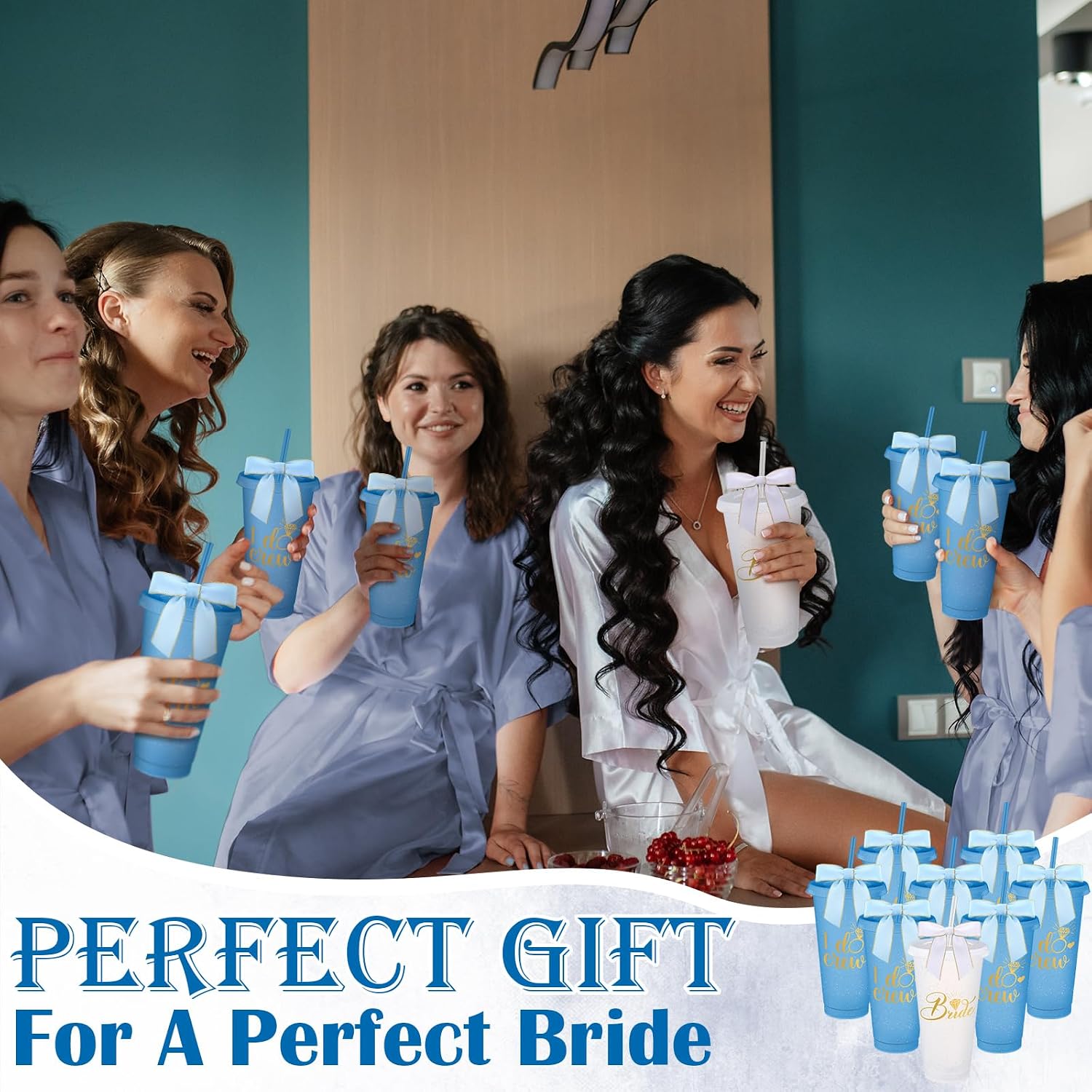 8 Pcs Bridesmaid Plastic Tumbler with Straw Lid and Twist Bow 24 oz I Do Crew and Bride Reusable Tumbler Bridal Party Proposal Gifts Bachelorette Party Gifts for Wedding Bridal Bridesmaid(Light Blue)