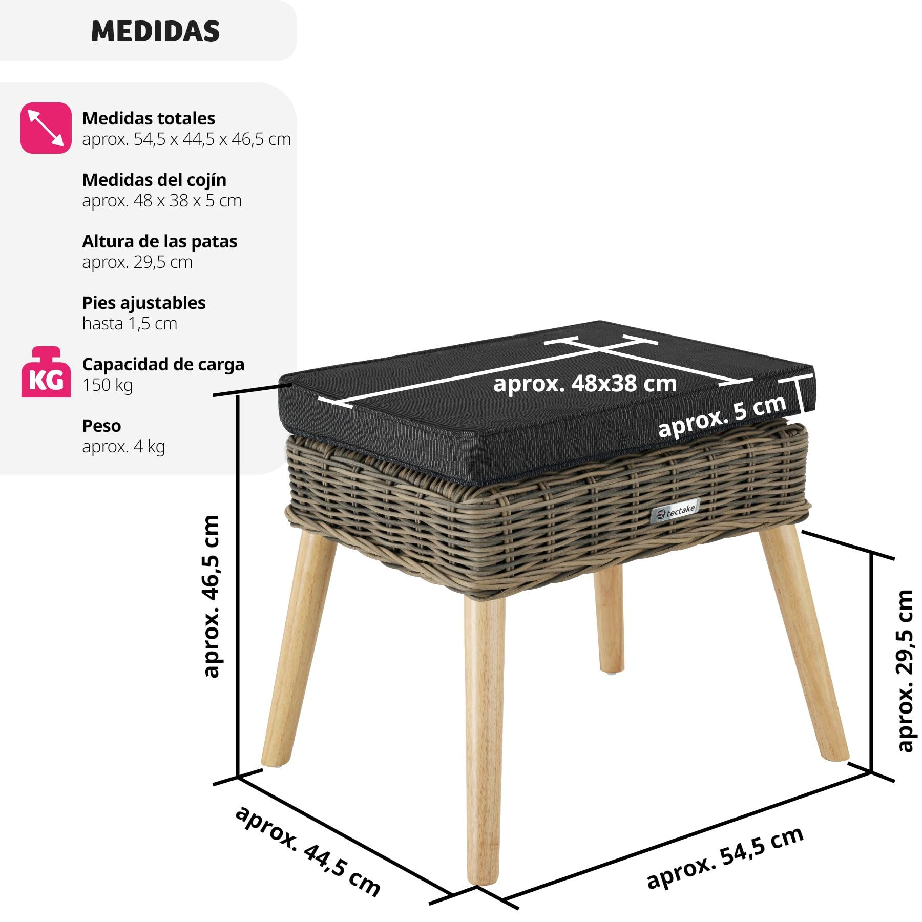 TecTake® Reposapies Salon de Ratán Sintético, Estructura de Aluminio, Funda Lavable, Patas de Madera Ajustables, Reposapies de Oficina, Ideal para tu Conjunto Jardin Exterior - Natural