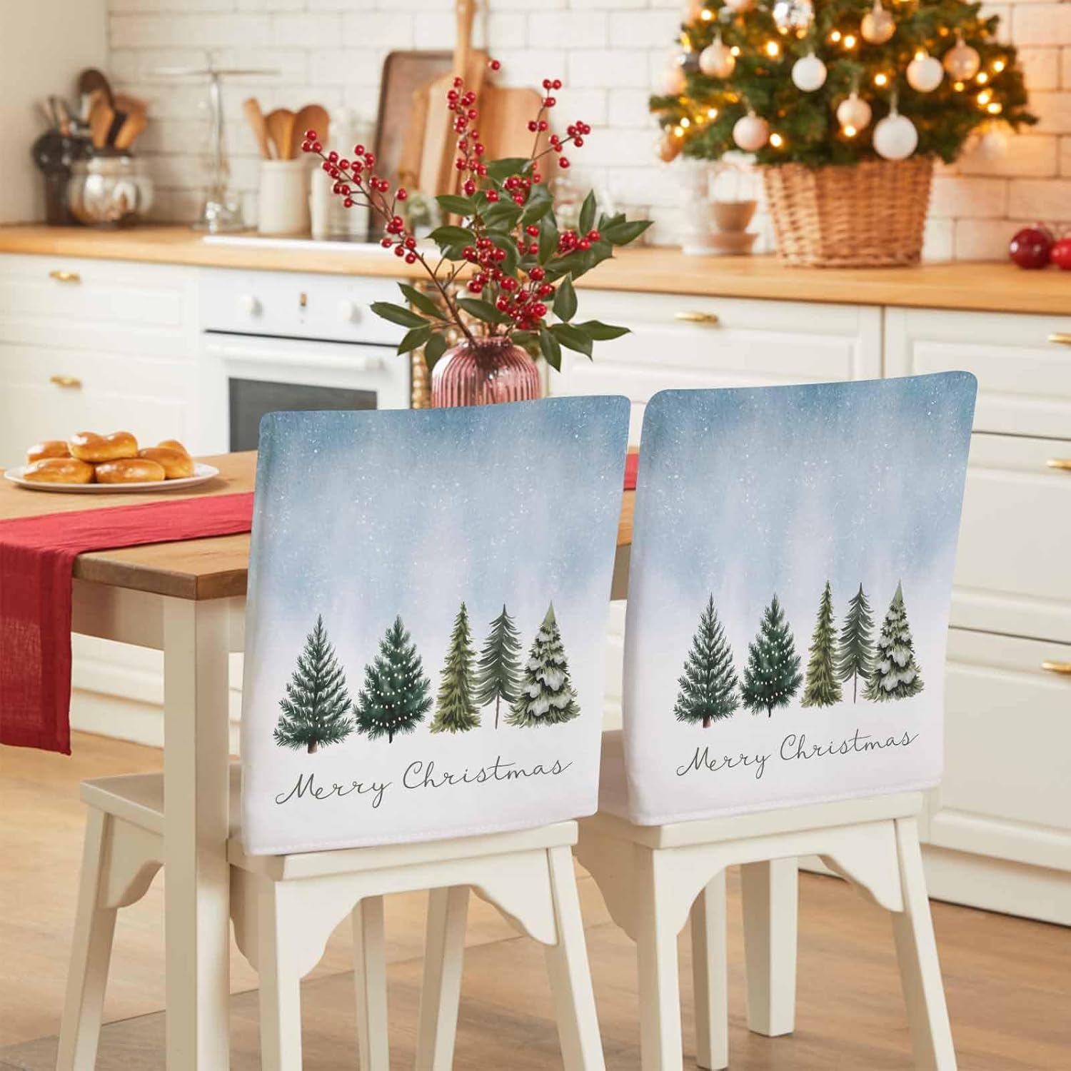 Blue Ombre Christmas Tree Chair Back Covers for Dining Room, Xmas Trees Snowflake Linen Polyester Back Chair Protector, 4 Pcs Winter Holiday Chairs Covers for Dining Chairs Decor, 20 x 19 Inches