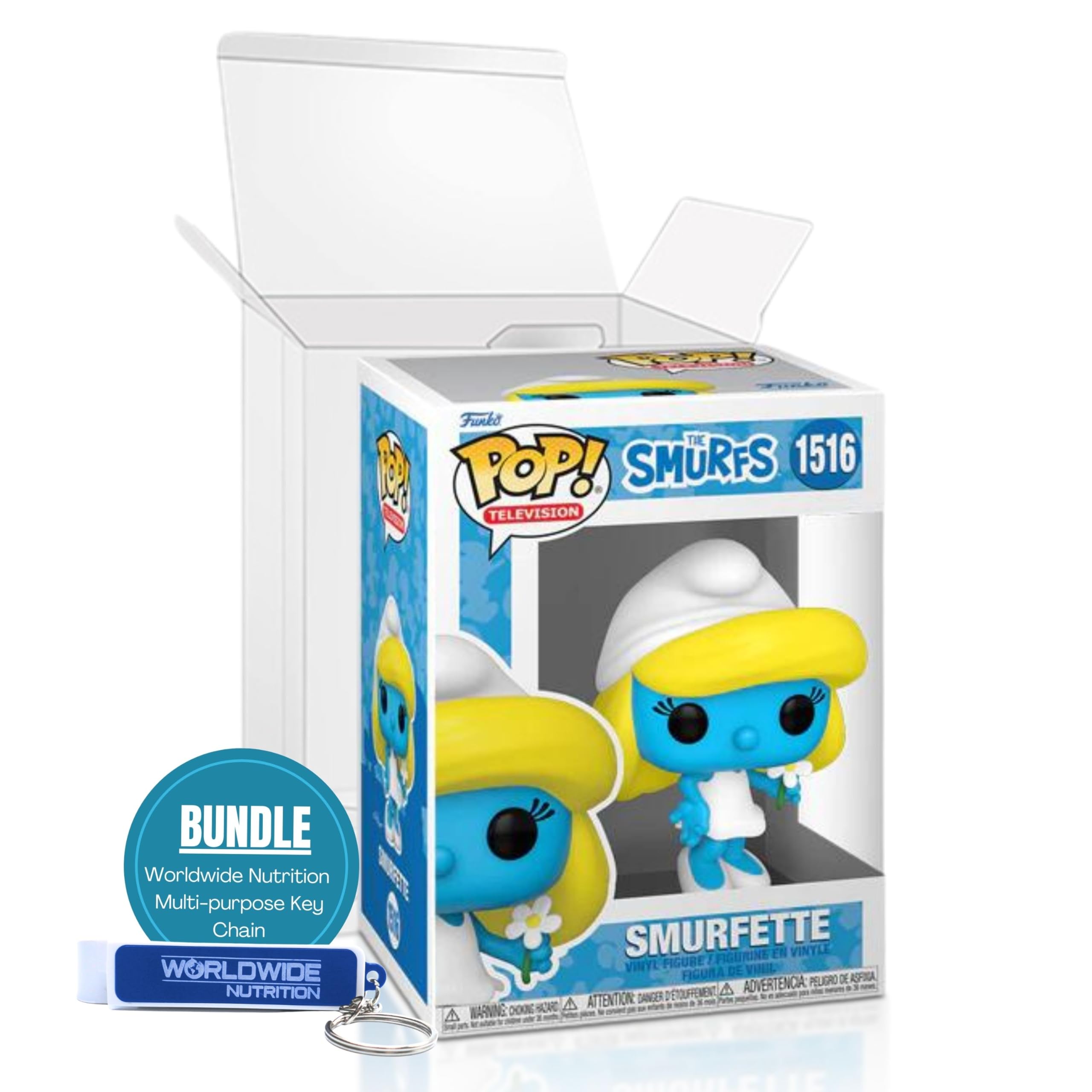 Worldwide Nutrition Bundle Compatible with Funko Smurfs Smurfette with Flower 1516 Vinyl Figure - Multicolor, 3.75 inches Funko Collectible Merchandise with Protector Case and Multi-Purpose Key Chain