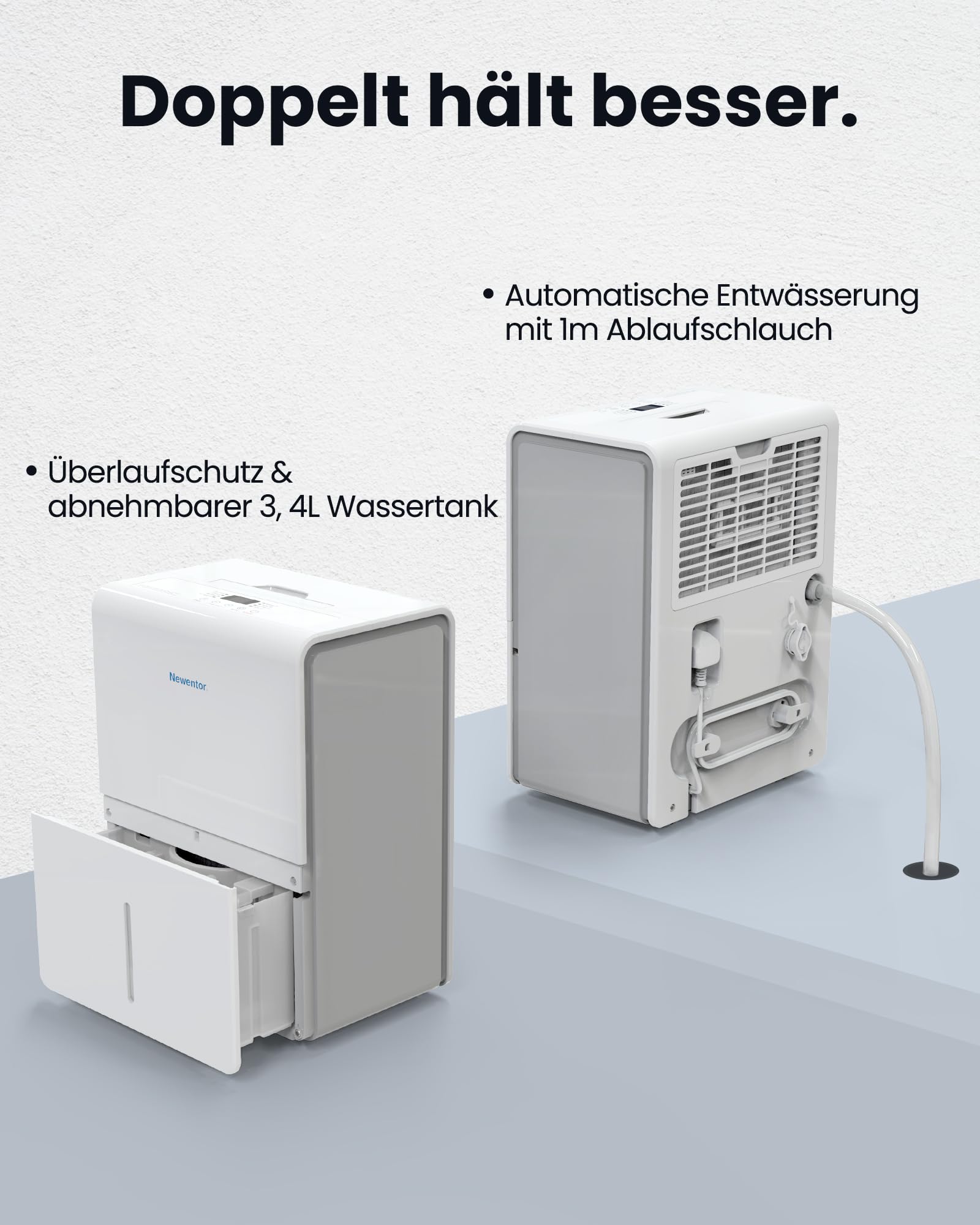 Newentor Deumidificatore 25 l/24 h, per ambienti 215 m³/80 m² - 3 volte riduzione del rumore - Chip a risparmio energetico - Facile da usare - Con tubo di scarico da 1 m e filtro rimovibile, timer