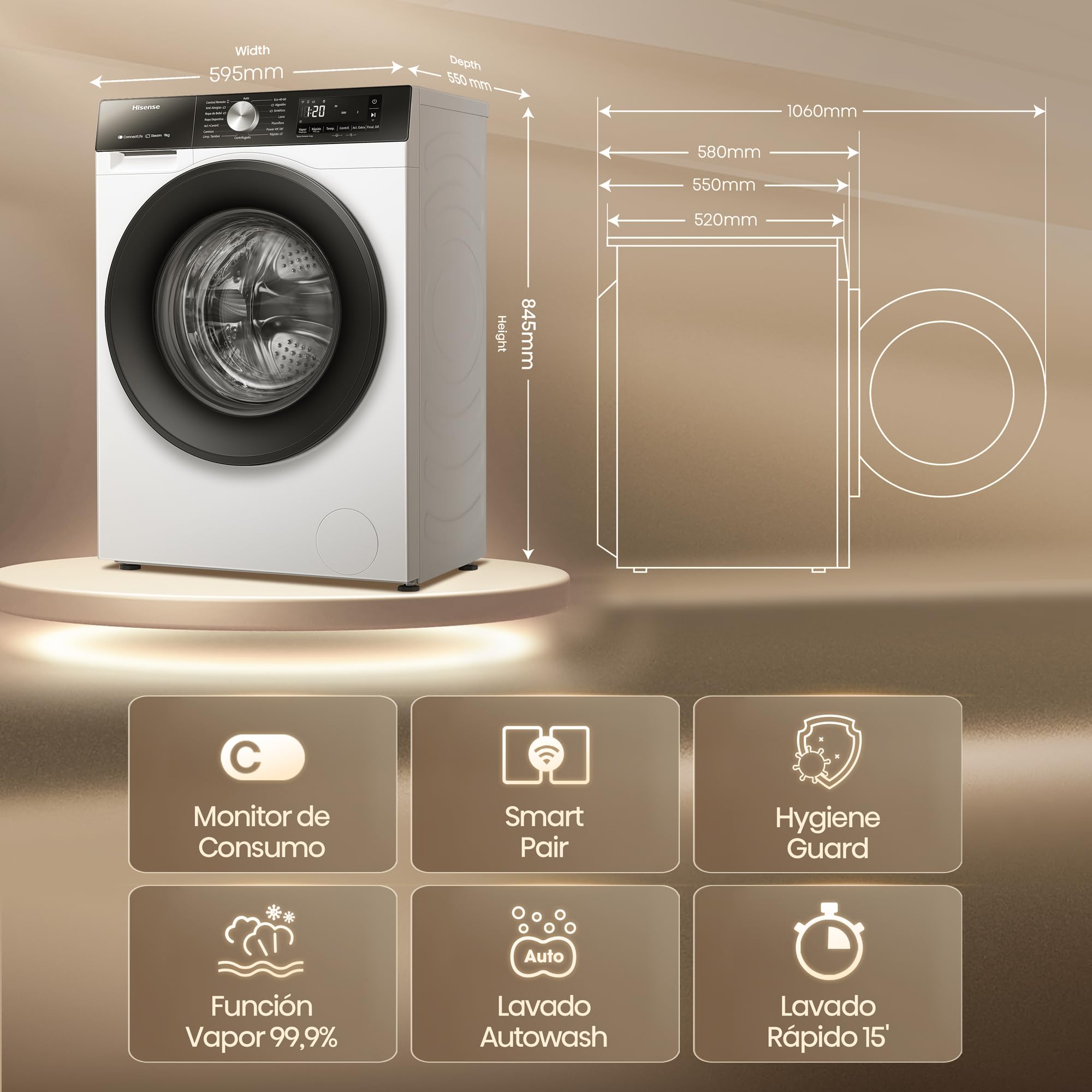 Hisense WF3S9043BW3, Lavadora, 9 Kg, Class A-30%/D, 1400 RPM, Ancho 60 cm, 14 Programas, Blanco