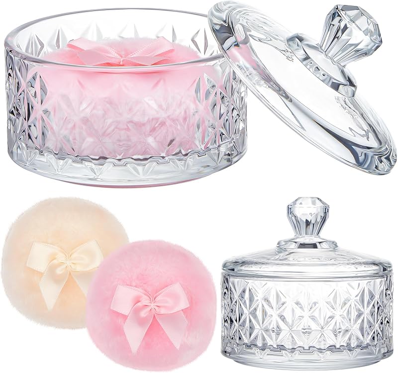 Tioncy Conjunto com 3 para Maquiagem com 2 Puffs para Pó e Recipiente de Vidro Diamante Transparente