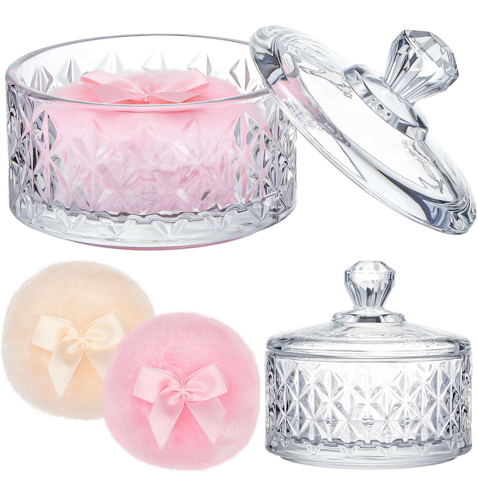 Tioncy 3 Pcs Large Body Powder Puff and Container Valentine's Day gift Powder Container with Puff Crystal Case Soft Washable Reusable Velour Face Body Glitter Wet Dry Makeup(Diamond,Clear)