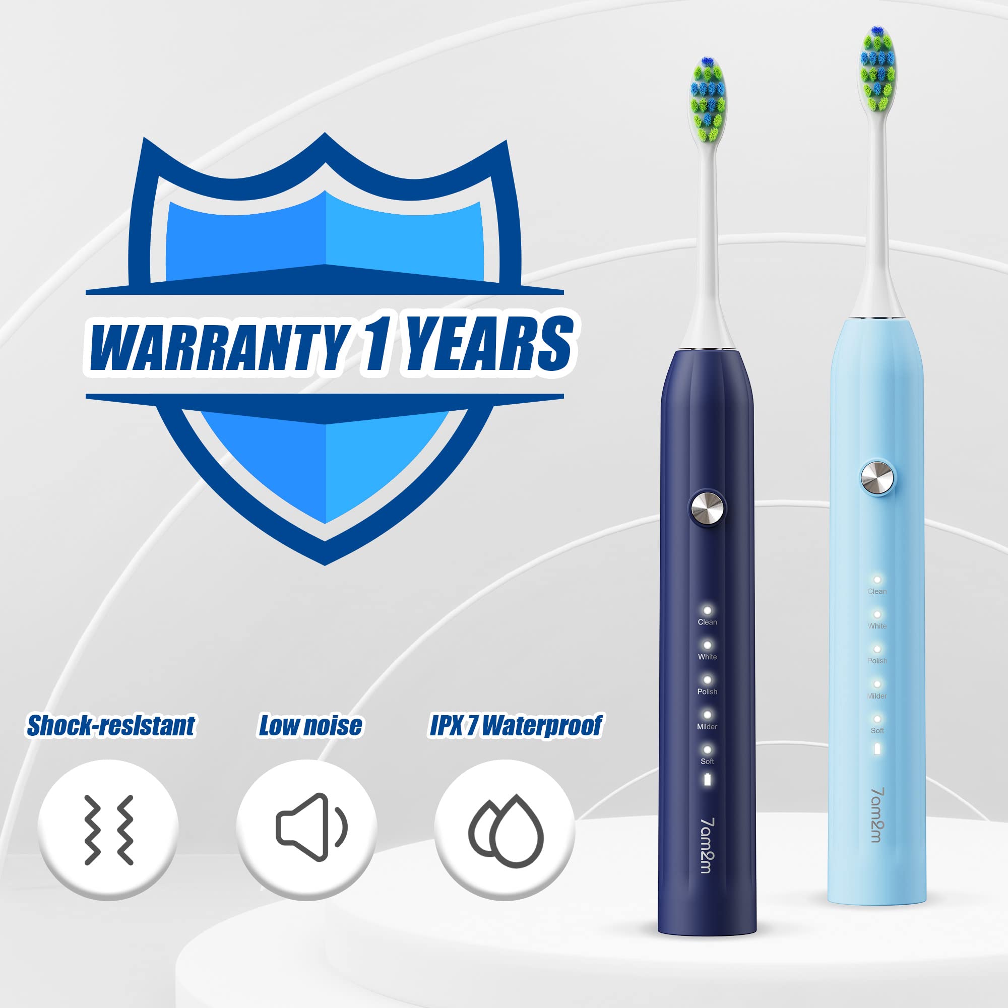 7AM2M Paquete de 2 cepillos de dientes eléctricos sónicos recargables, cepillos de dientes suaves para adultos y niños con 12 cabezales de cepillo, IPX7 de una carga para 90 días, 5 modos con