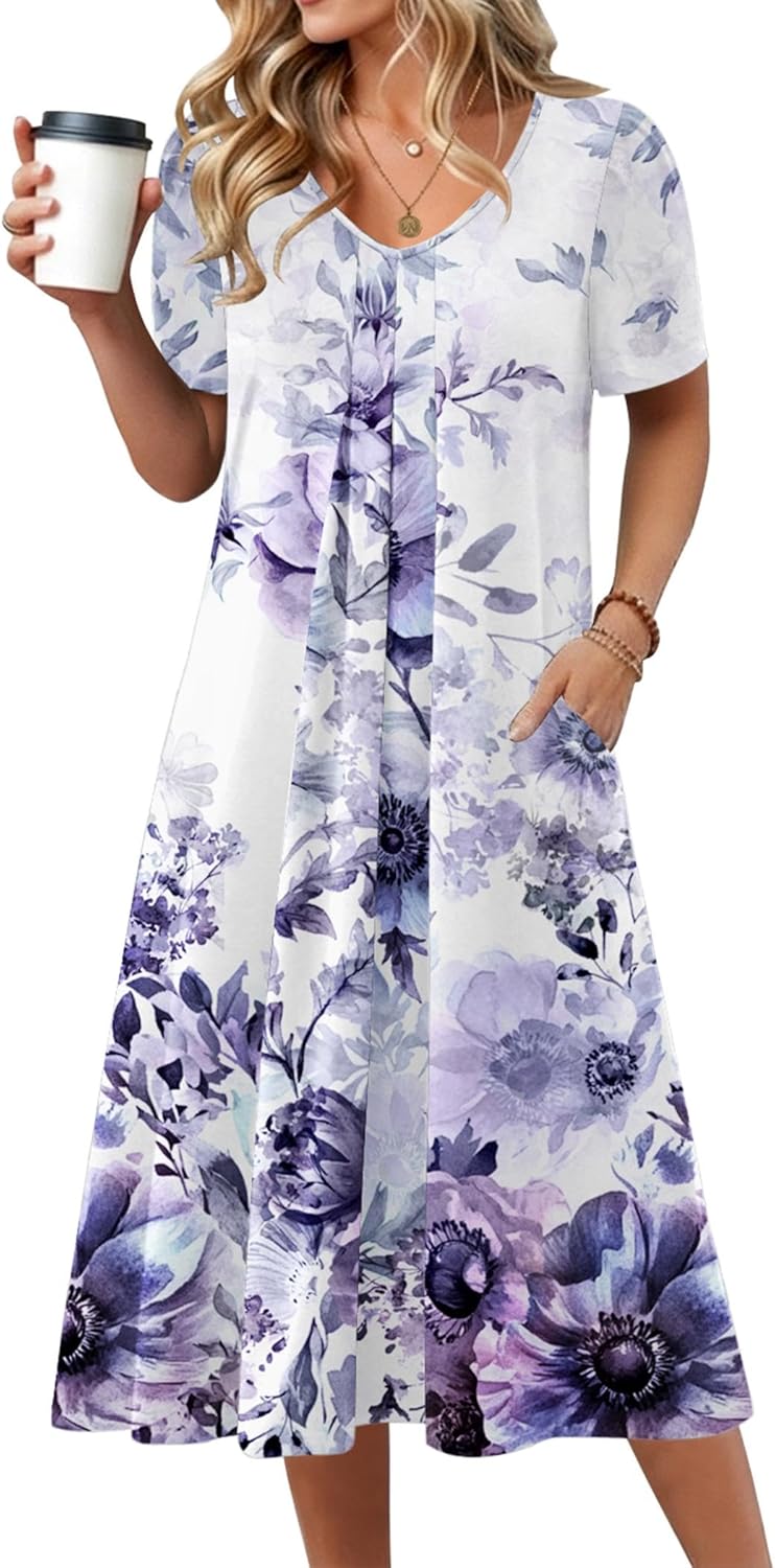 Zeagoo Summer Dress for Women Casual Floral Midi Sundress with Pockets V Neck Pleated Short Sleeve Aline Beach Vacation Dress