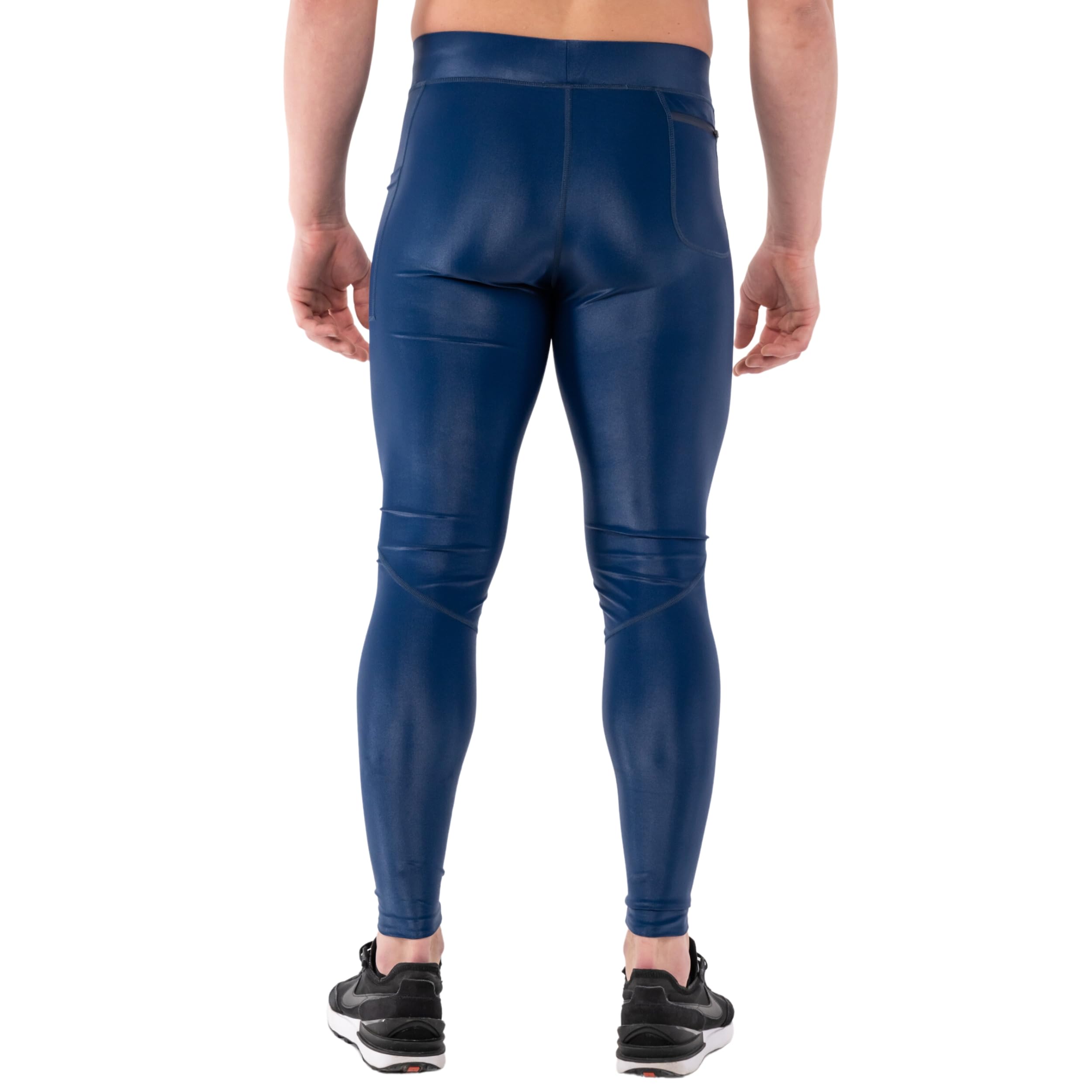 Kapow Meggings Gamma Performante Lucida Leggings da Compressione ad Alta Brillantezza con Tasche per Uomo, Strato Base Atletico per Allenamenti e Yoga
