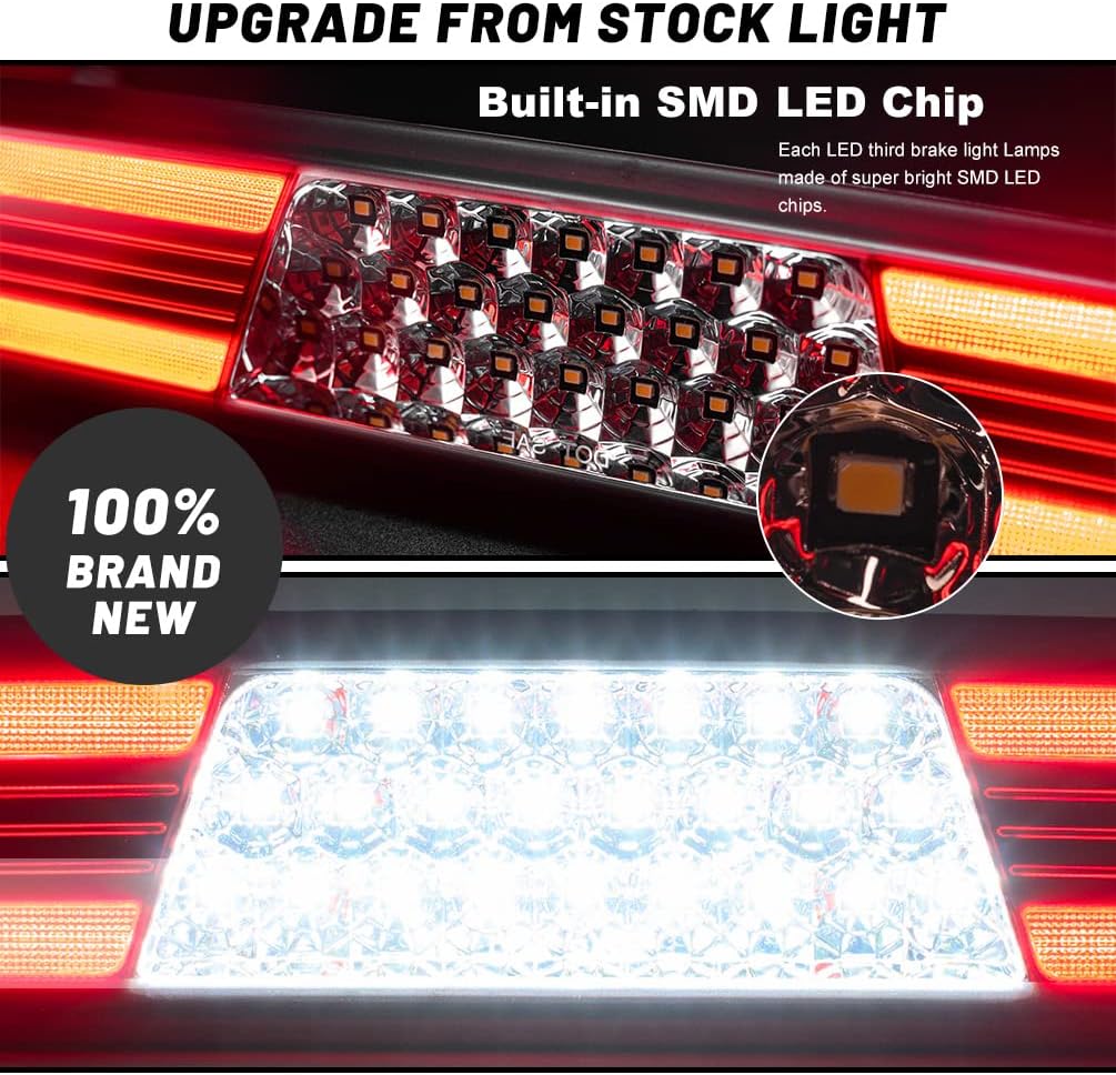 RAM 1500 LED 3rd Brake Light for 2019 2020 2021 2022 2023 2024 2025 RAM 1500 Rebel HFE Laramie Red Lens Third High Mount Stop Brake Lamps White LED Rear Center Roof Cargo Lights with Seal Foam Gaskets A. For 19-25 RAM 1500, Red Lens