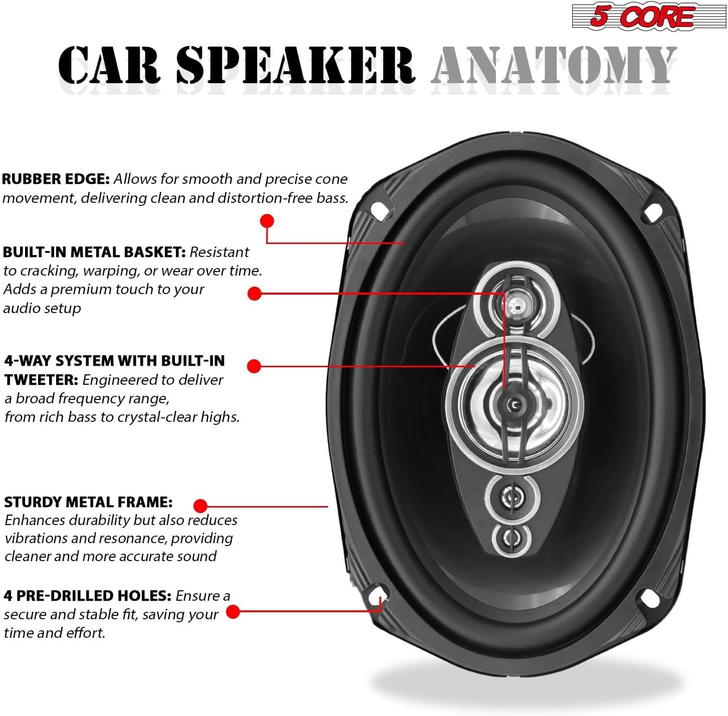 5 CORE Car Speaker Pair 6 x 9 Inch 800W Vehicle Stereo Door Speakers 4 Ohm Coaxial 4 Way Full Range Pro Audio with Tweeters Bocinas para Carro - CS 69 4W WoG