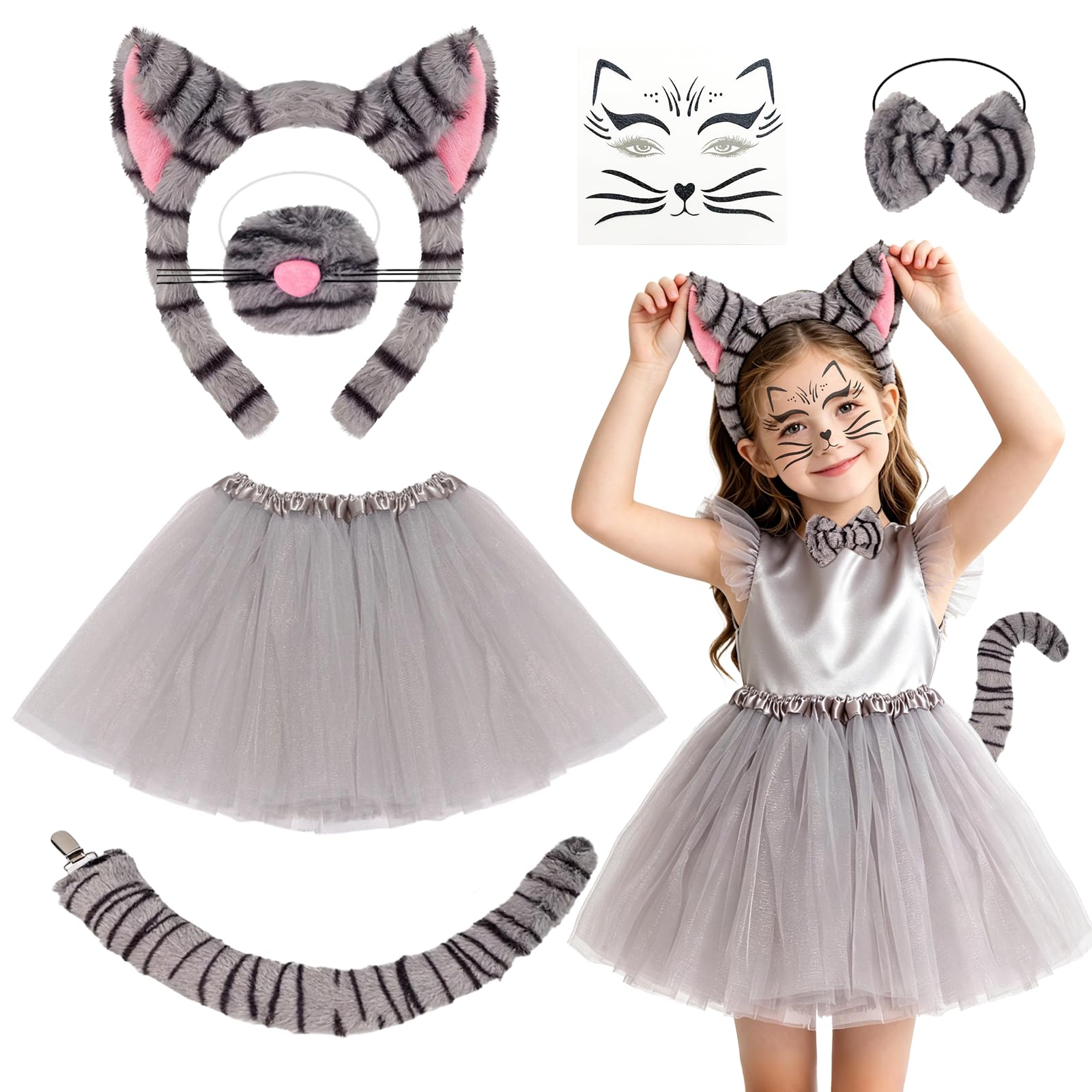 6 Pcs Tabby Cat Costume Accessories for Girls, Grey Cat Costume Kids Including Ears Headband Bow Tutu Skirt Tail Tie Face Sticker, Fun Animal Costumes for Halloween World Book Day Carnival Party