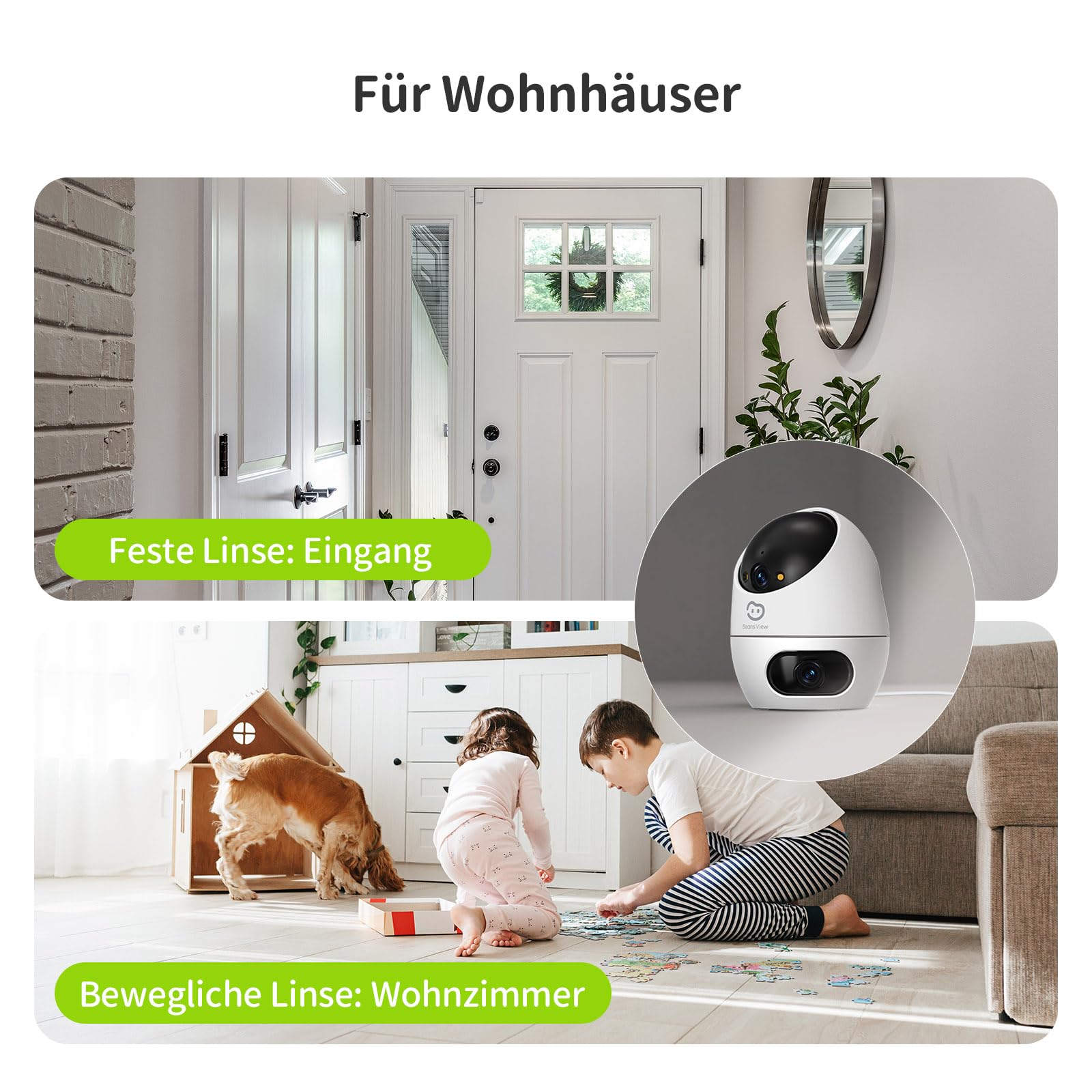 Beans View 2K+2K (3MP+3MP) Innenkamera Zwei Objektiven für Überwachung und Sicherheit, 2,4 GHz WLAN, 360°-Überwachung, Farb-Nachtsicht, Personenerkennung, Automatische Verfolgung, Kompatibel Alexa