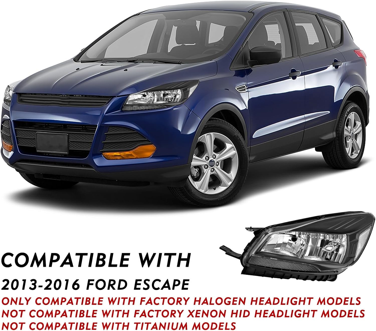 Headlight Assembly Set with Bulbs Fit for 2013 to 2016 Ford Escape Left Driver and Right Passenger Side (Black Housing with Clear Reflector)