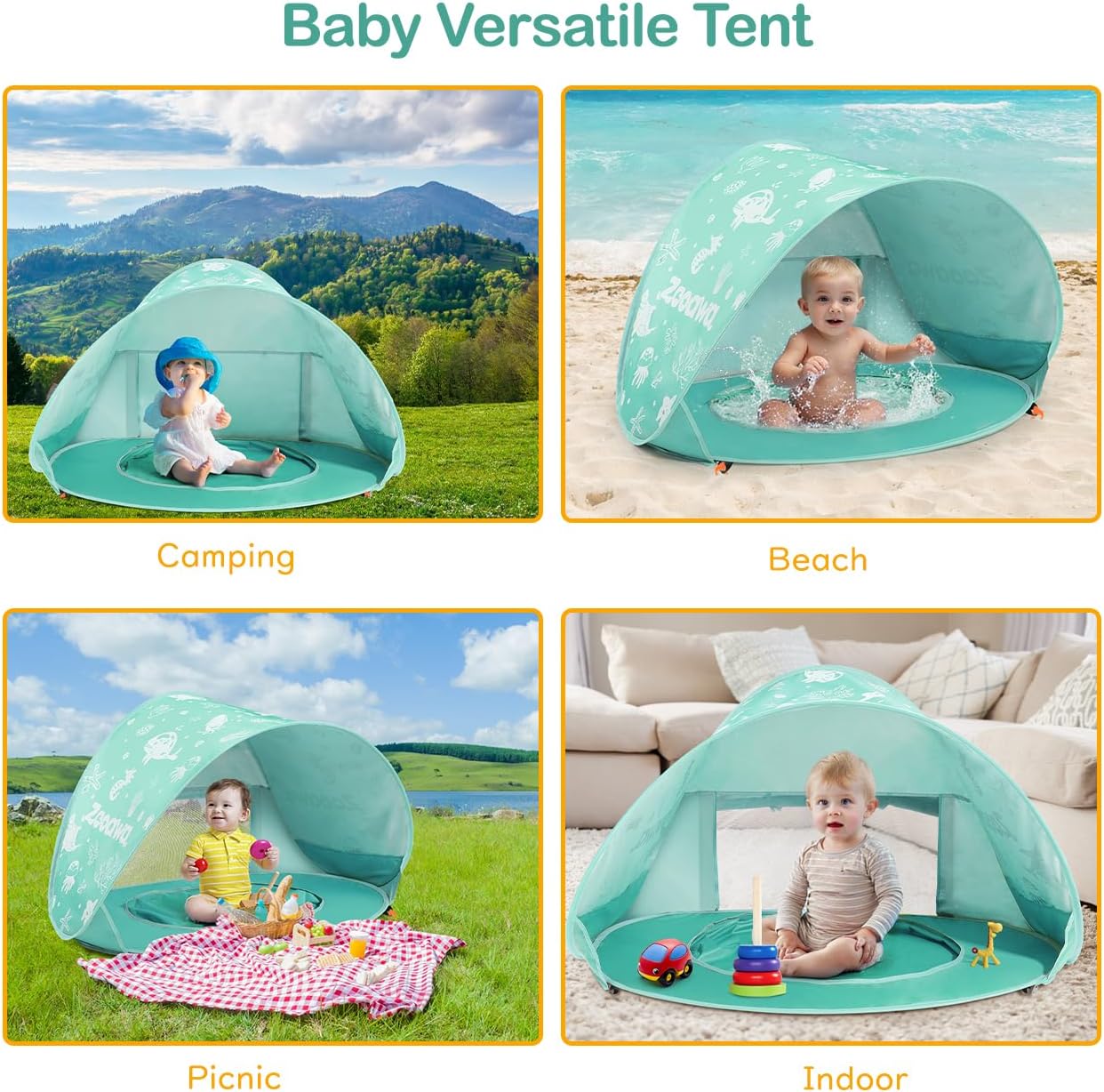 Zooawa Baby Beach Tent, Pop Up Beach Tent Sun Shade for Beach, Portable Shade Pool UV Protection Sun Shelter for Infant with Beach Sand Toys Set