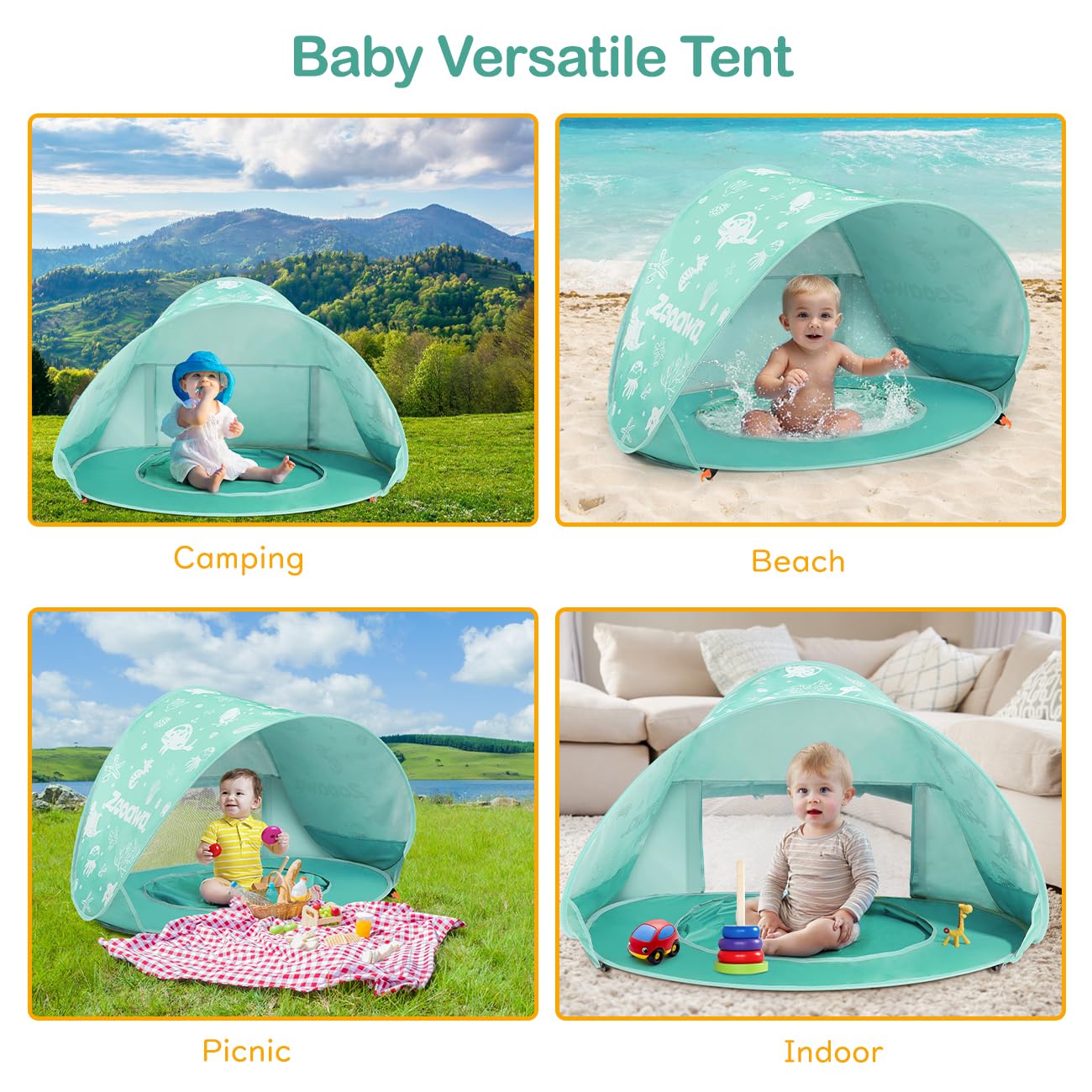 Tente Anti-UV Bébé, Grande Tente de Plage pour Bébé avec Mini-Piscine-Système Pop-Up avec Jouets, Protection Solaire FPS 50+ pour Maison, Cour, Camping, Menthe Verte