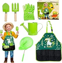 Stanew Gardening Kit for Children, Outdoor Garden Games for Girls, Boys, with Shovel, Rake, Watering Can, Apron, Gardening Gloves, Fishing Net, Green