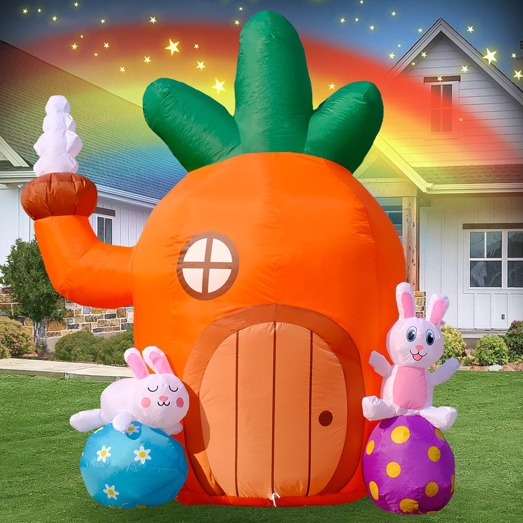 Photo 1 of 6FT Easter Inflatables Bunny and Carrot House Outdoor Decorations- 9 Upgrade LEDs Blow Ups Yard Decor for Garden Party, Family-Friendly Inflatable Decoration with Eggs Easter-Carrot House