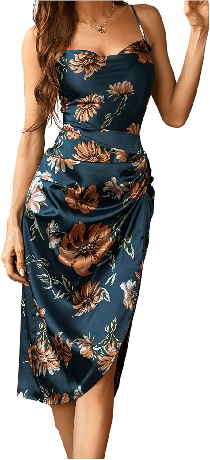 WDIRARA Women's Floral Print Cowl Neck Sleeveless Ruched Split Thigh Satin Cami Summer Dress - Image 4