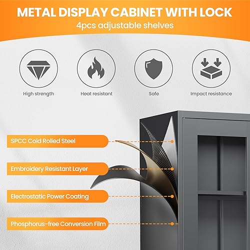 Miniatura 57 de Vitrina con cerradura con puerta de cristal, gabinetes Curio de metal de 71 pulgadas de alto con estantes ajustables, vitrina de licor blanco para