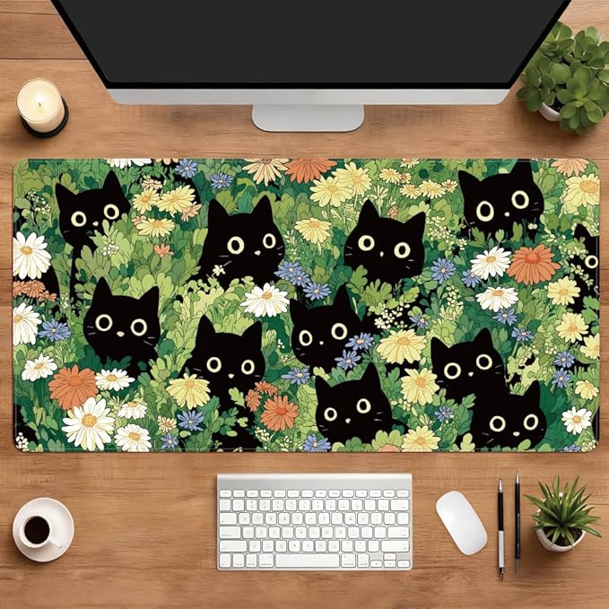 WEBEEDY Alfombrilla de escritorio grande 80x40 cm gato negro flores miniatura 7