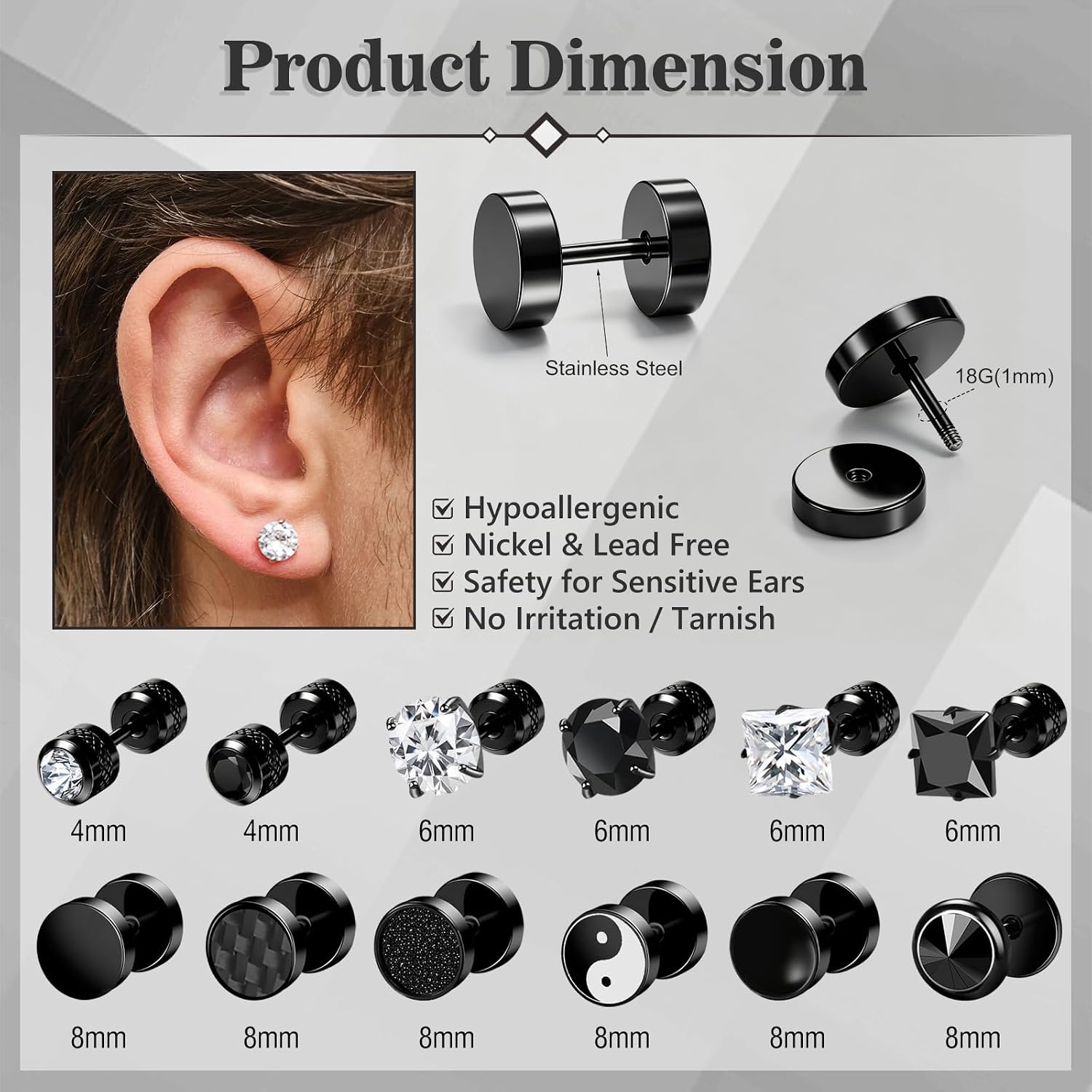 ONESING 12 Pairs Black Stud Earrings for Men Stainless Steel Mens Earrings Stud Hypoallergenic Square Cubic Zirconia Black Earrings Set for Daily Party