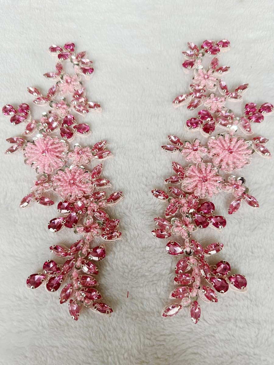 Handmade Bodice Rhinestones Applique Sewing Glass Beads Stones Crystal Trim Lace Patches for Dress Clothing Accessories 1pair/Bag 3.1X9.4inches (Pink)