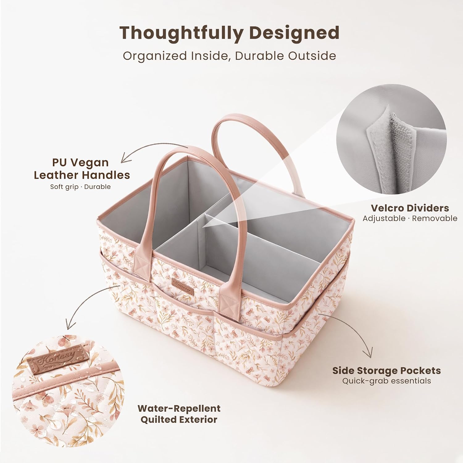 Konssy Floral Quilted Diaper Caddy Organizer, Diaper Caddy Basket with PU Leather Handles, Water-Repellent Nursery Storage Basket, Portable Car Organizer, Registry Search Must Haves (Pink Spring)