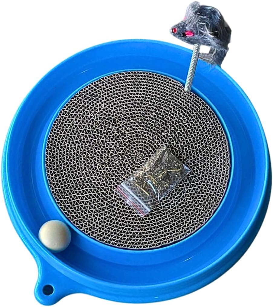 Round Cat Scratcher with Ball, Cat Toys Scratching Pad for Indoor Play Physical Interactive Cat Scratchers Toy for Kitten with Spring & Ball Perfect for Mental & Physical Exercise Cat Ball Track, Blue