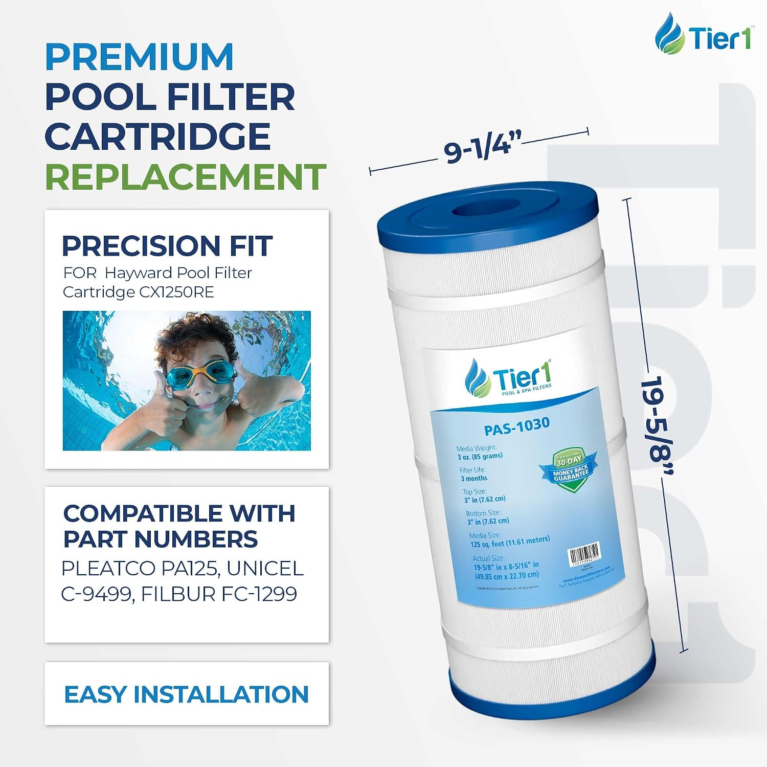Tier1 Replacement for Hayward Pool Filter Cartridge C1250 – 2 Pack | Compatible with CX1250RE, Pleatco PA125, Unicel C-9499, Filbur FC-1299 | 19-5/8" x 9-1/4" | Trilobal Fabric | Washable Cartridge