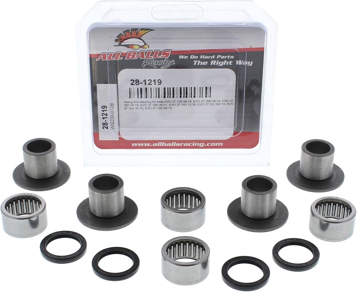 All Balls Racing 28-1219 Swing Arm Bearing Kit Compatible With/Replacement For Beta EVO 2T 125 2009-2021, EVO 2T 200 2009-2021, EVO 2T 250 2009-2021, EVO 2T 290 2009-2011, EVO 2T 300 2012-2021