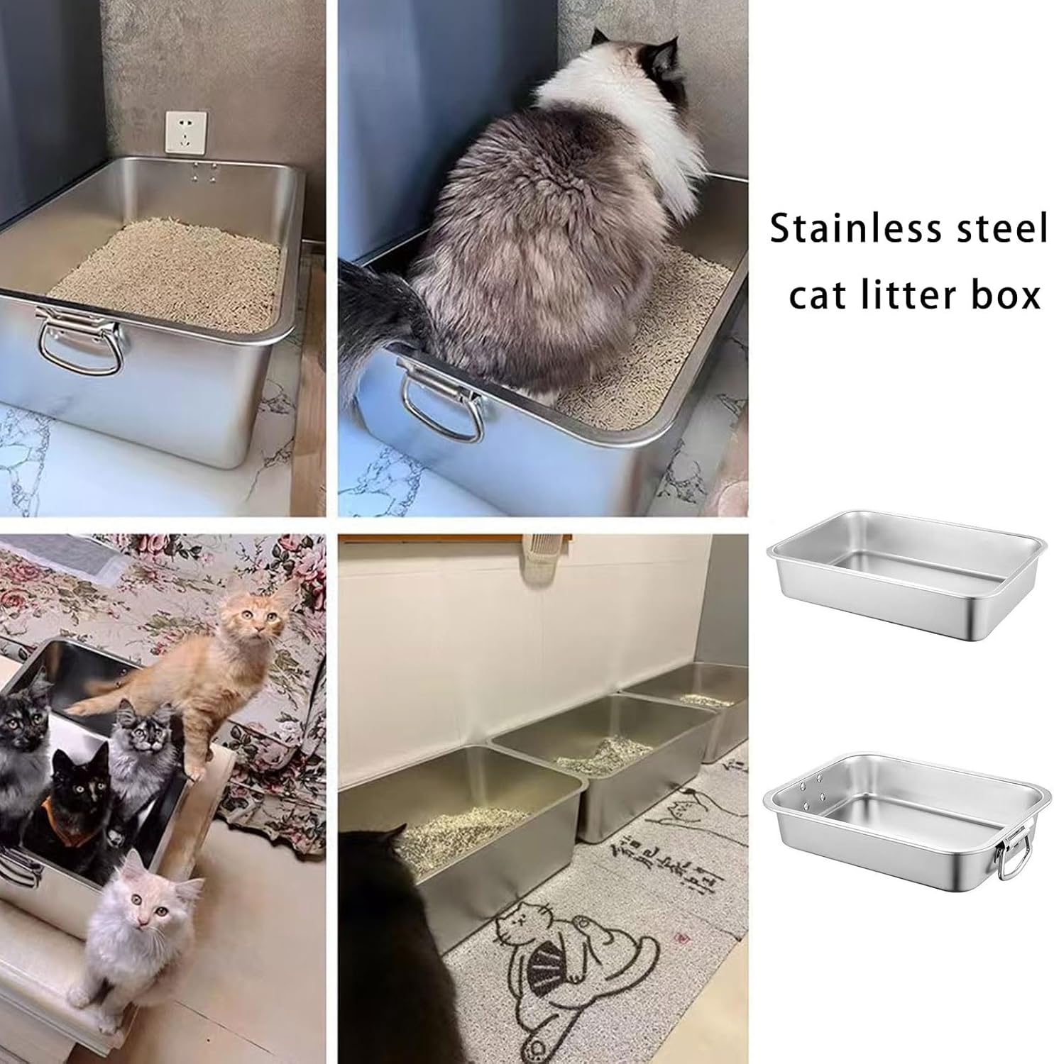 Stainless Steel Cats Litter Tray with Deeply Basins Design and Carrying Handle Kittens Litter Container Toilet Stainless Steel Box
