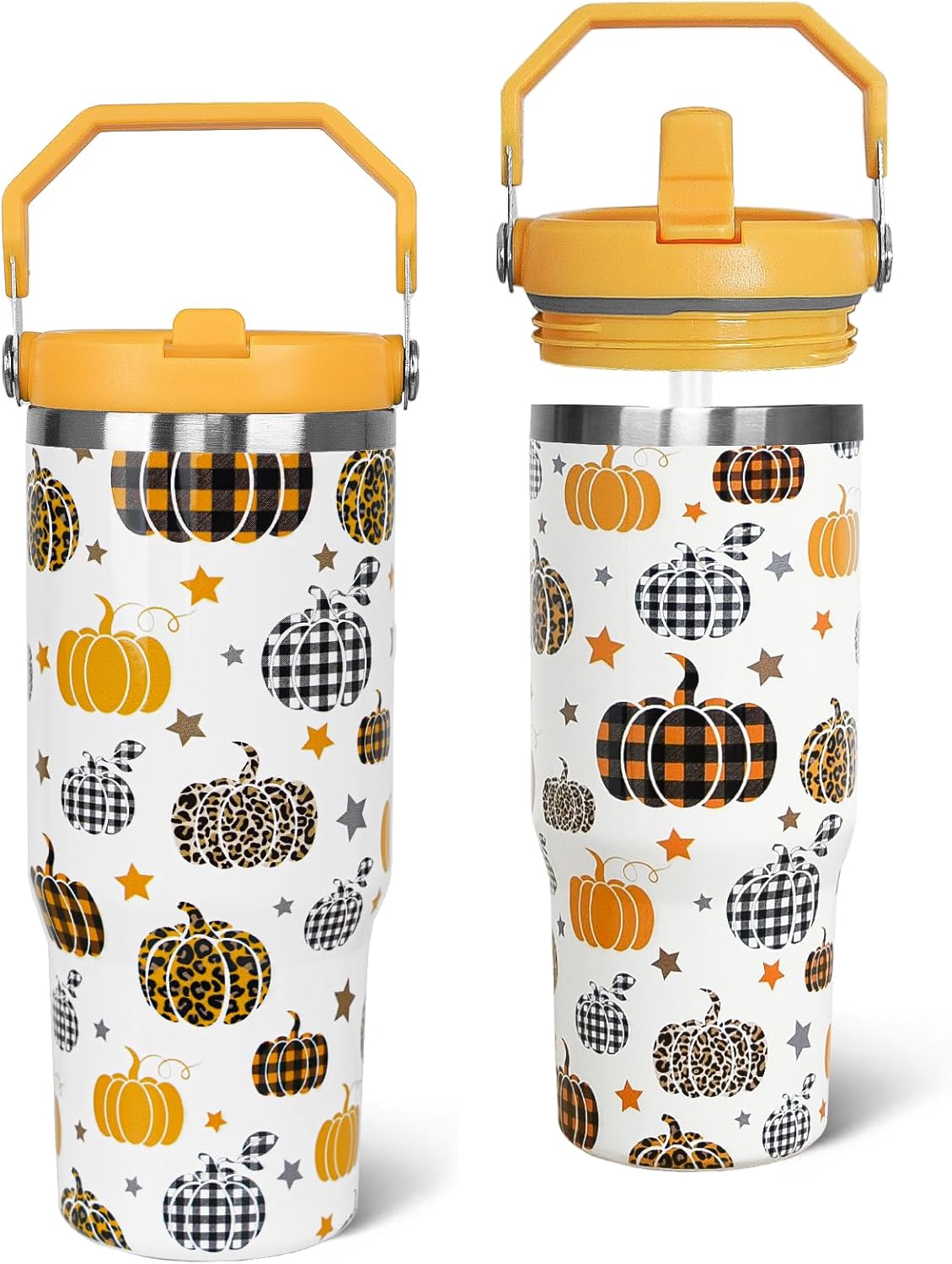 Fall Tumbler with Handle and Straw Autumn Buffalo Plaid Pumpkin Tumbler Insulated Stainless Steel Cup Coffee Travel Mug Fall Gifts Decor-30 oz(1PCS)
