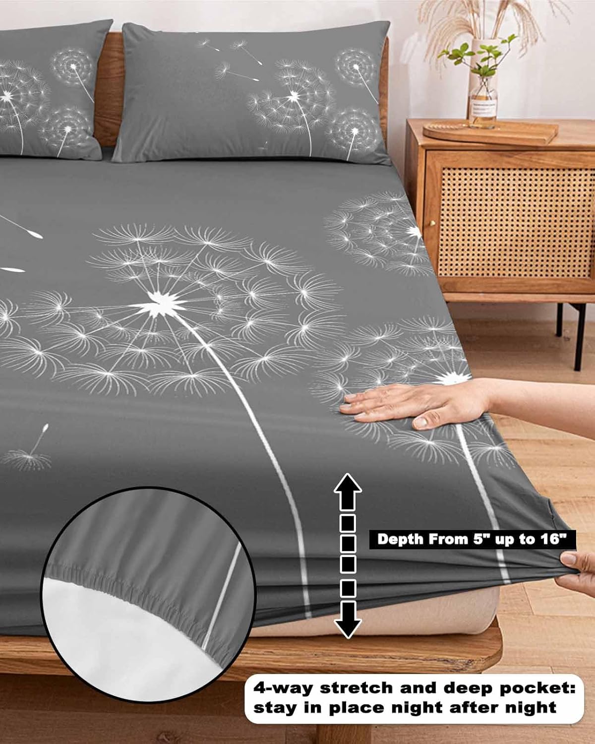 Queen Fitted Sheet with Deep Pocket, Retro Country Dandelions Bed Sheet Set Fits Mattress Up to 16",Soft Microfiber Bottom Sheets with 2 Pillow Shams Pastoral Botanical on Gray Back for Bedroom Decor