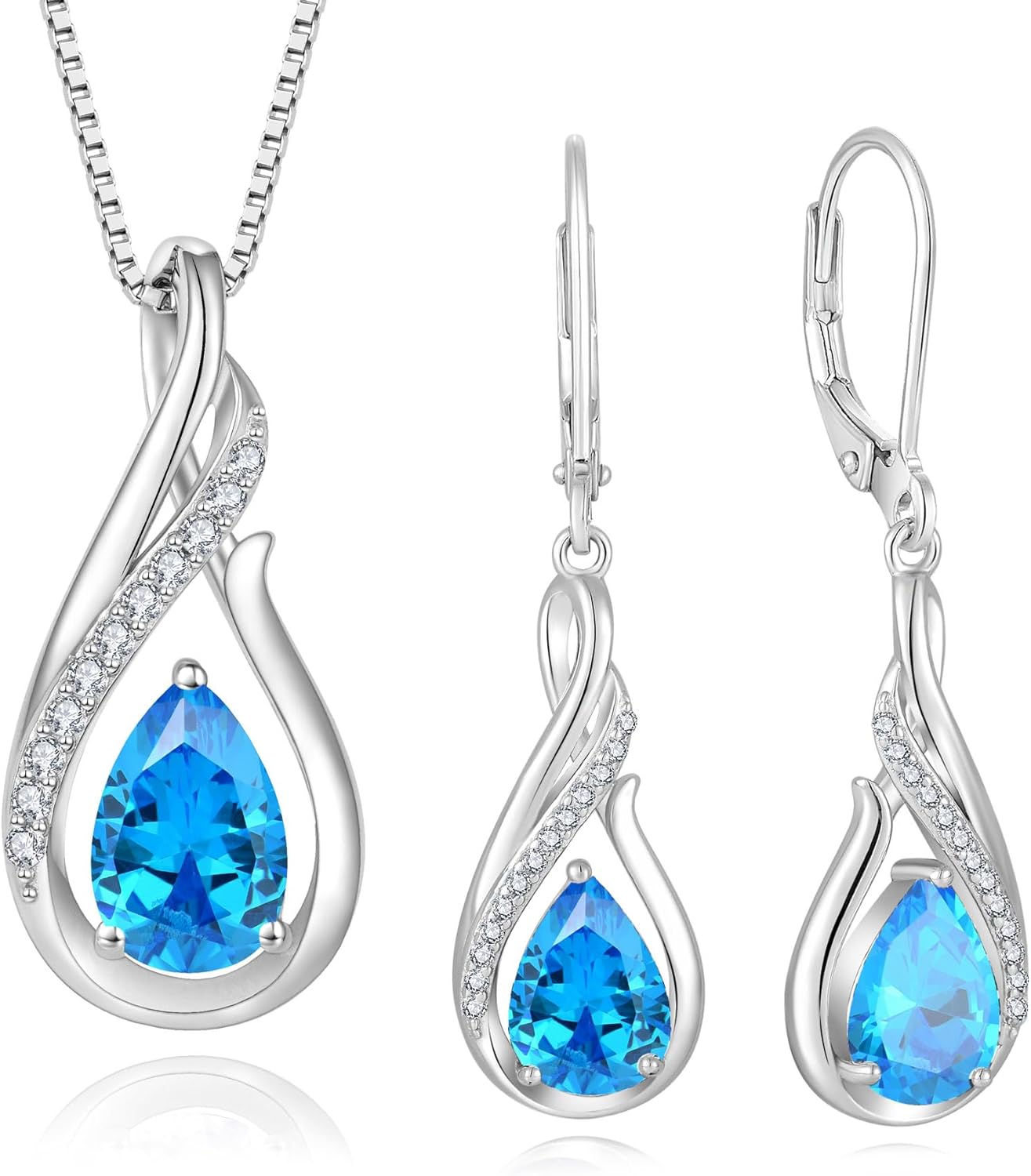 Infinity Aquamarine Jewelry Set for Women 925 Sterling Silver Teardrop Bule CZ Pendant Necklace and Dangle Drop Earrings March Birthstone Jewelry Gift